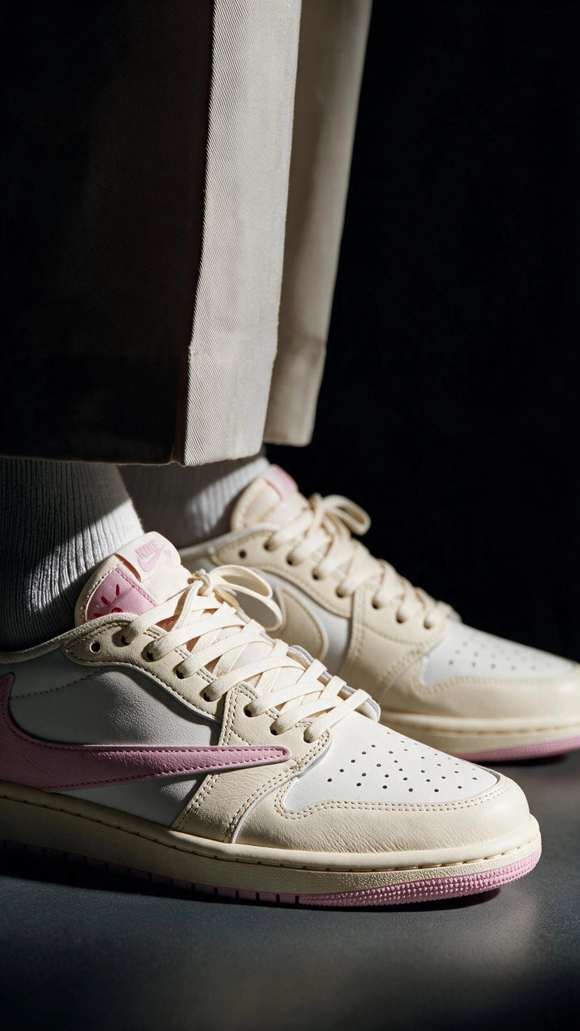 Air Jordan 1 Retro Low OG SP Travis Scott Shy Pink, sneakers panna e rosa indossate